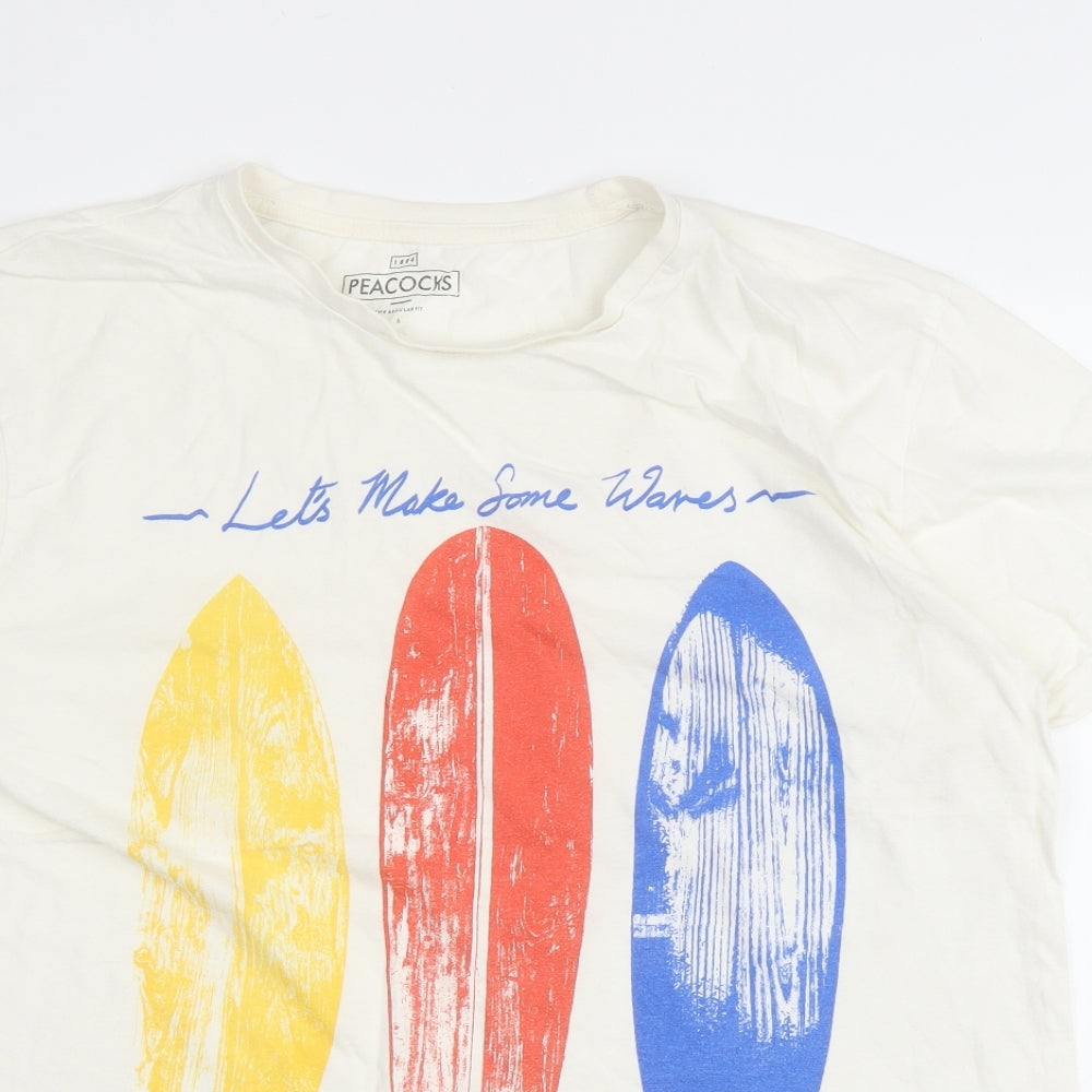 Peacocks Mens White  Cotton  T-Shirt Size L Round Neck