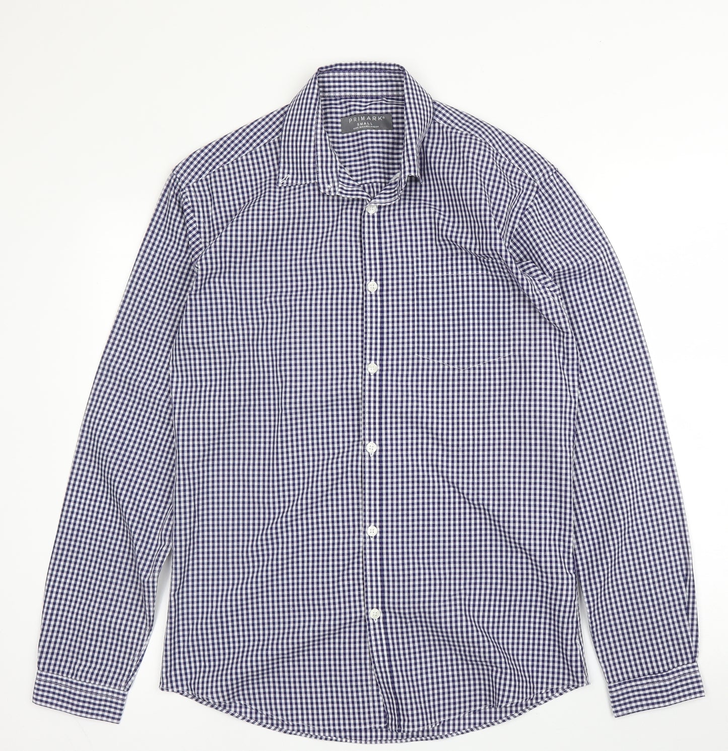 Primark Mens Blue Check Cotton  Button-Up Size S Collared Button