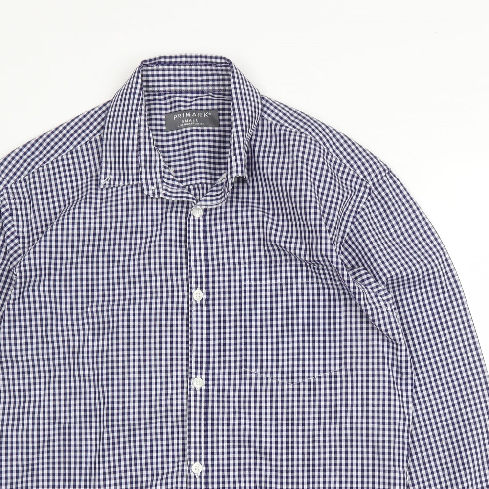 Primark Mens Blue Check Cotton  Button-Up Size S Collared Button