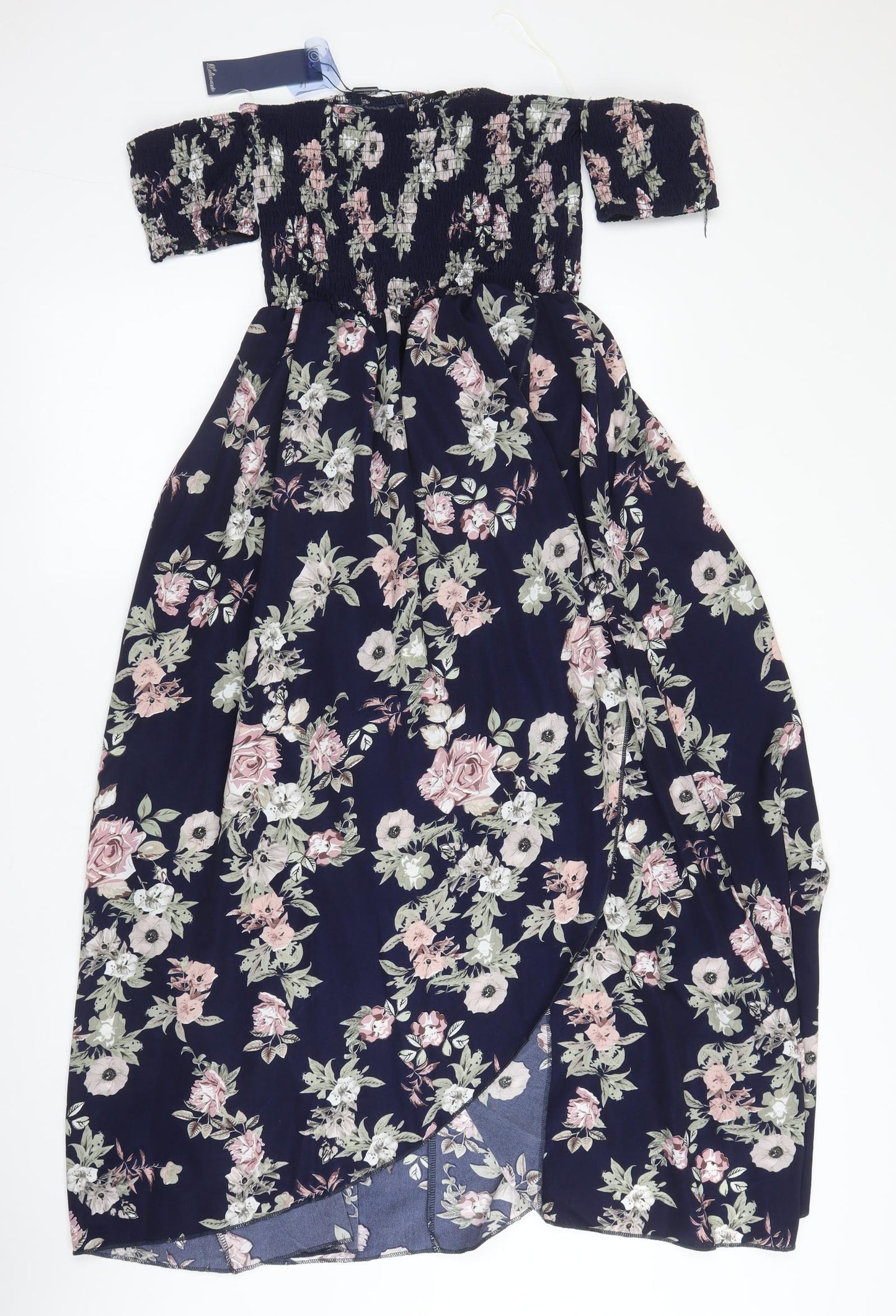 Loliverte Womens Blue Floral Polyester A-Line  Size S  Off the Shoulder