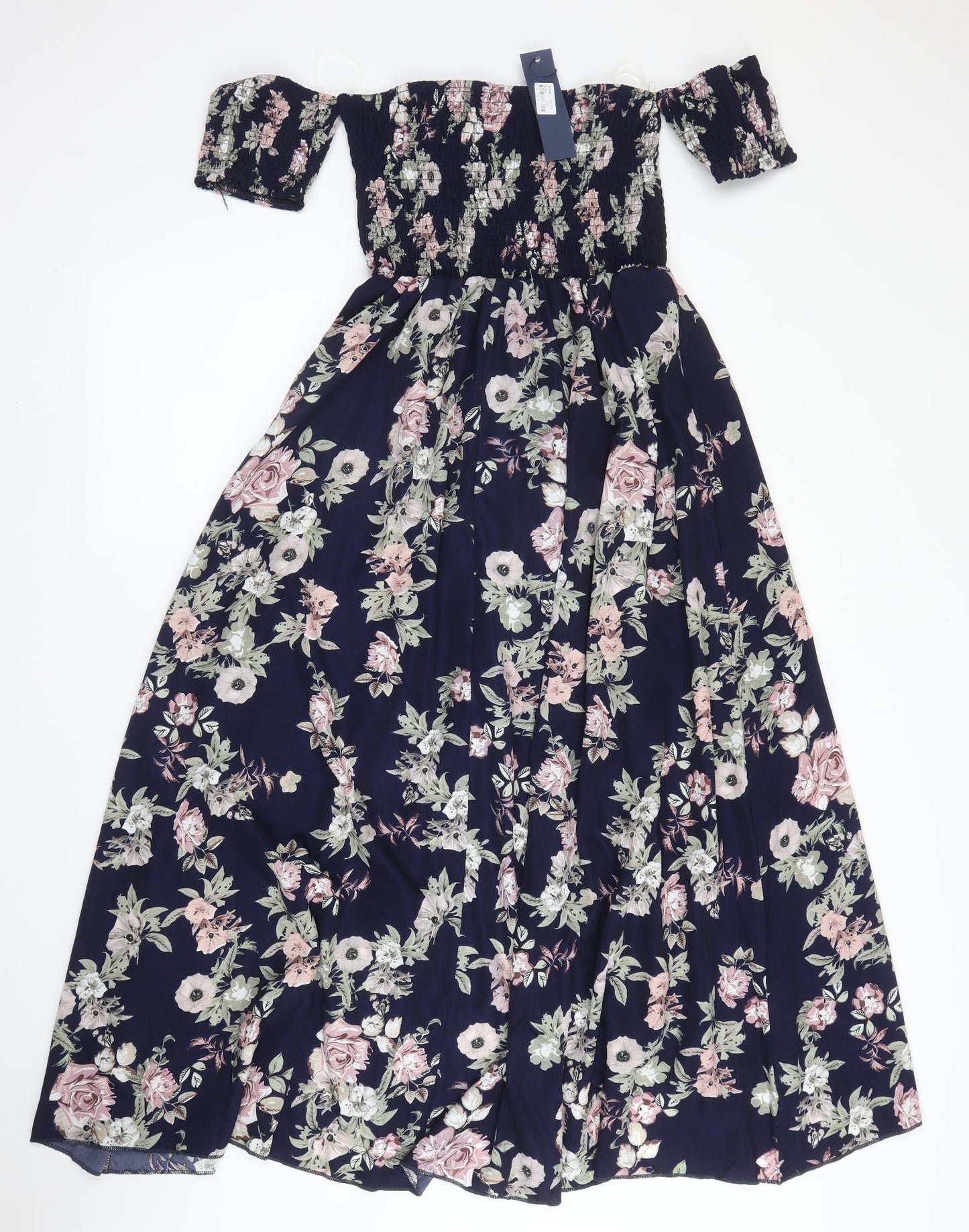 Loliverte Womens Blue Floral Polyester A-Line  Size S  Off the Shoulder