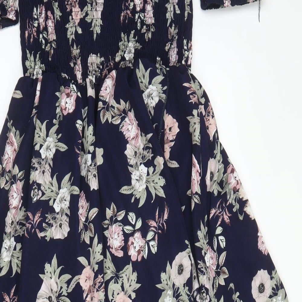 Loliverte Womens Blue Floral Polyester A-Line  Size S  Off the Shoulder