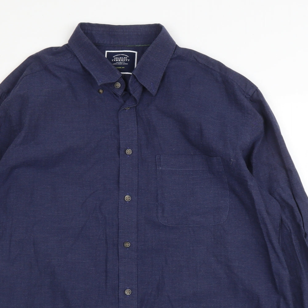 Charles Tyrwhitt Mens Blue  Cotton  Button-Up Size L Collared Button