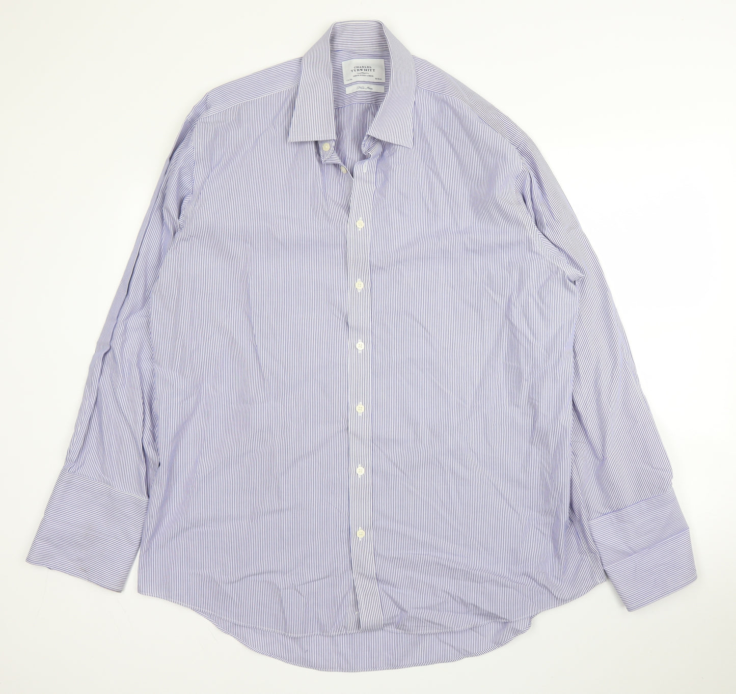 Charles Tyrwhitt Mens Blue Striped Cotton  Button-Up Size 17.5 Collared Button