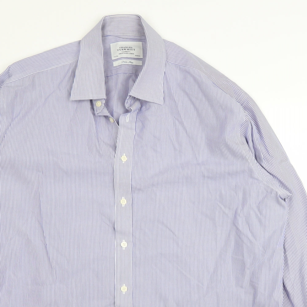 Charles Tyrwhitt Mens Blue Striped Cotton  Button-Up Size 17.5 Collared Button