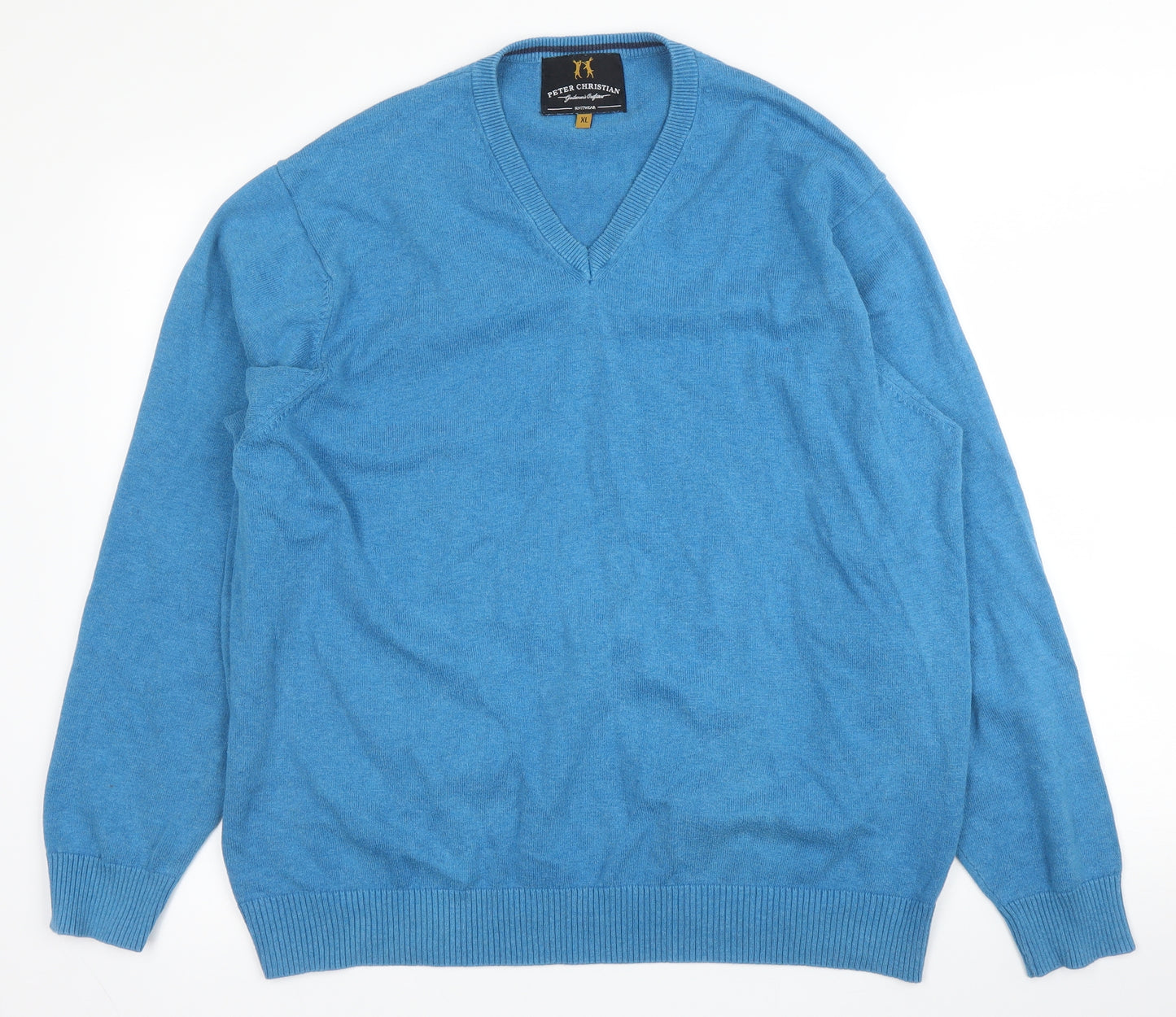 Peter Christian Mens Blue V-Neck  Cotton Pullover Jumper Size XL