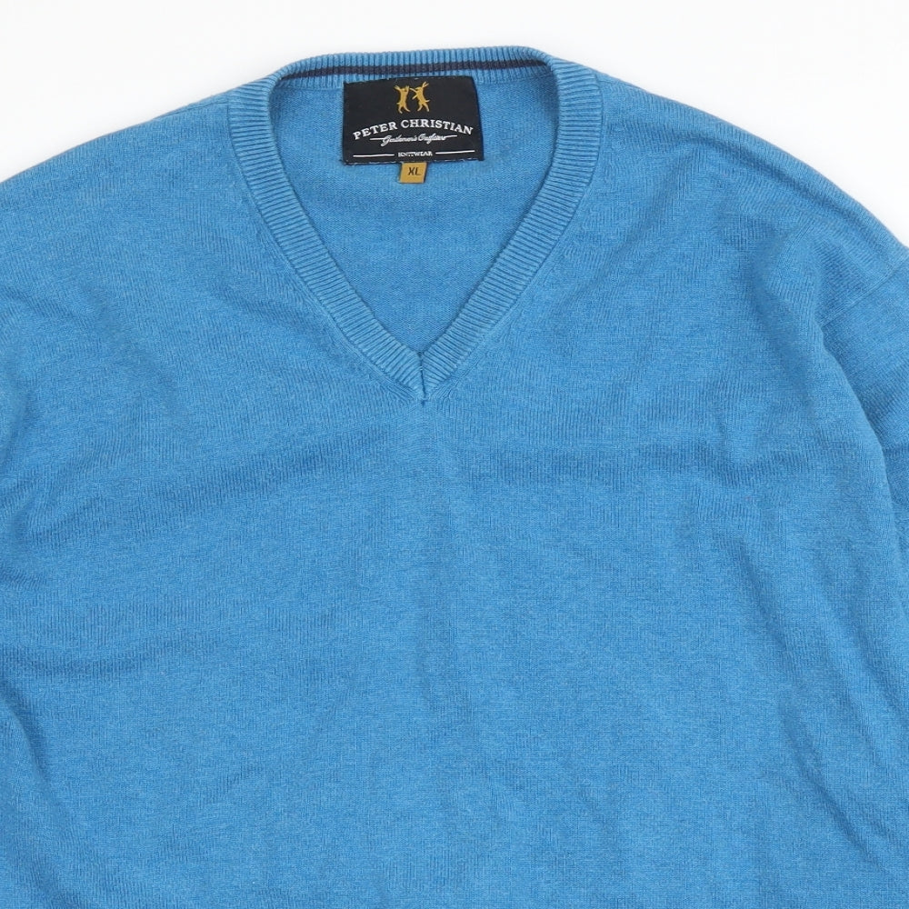 Peter Christian Mens Blue V-Neck  Cotton Pullover Jumper Size XL