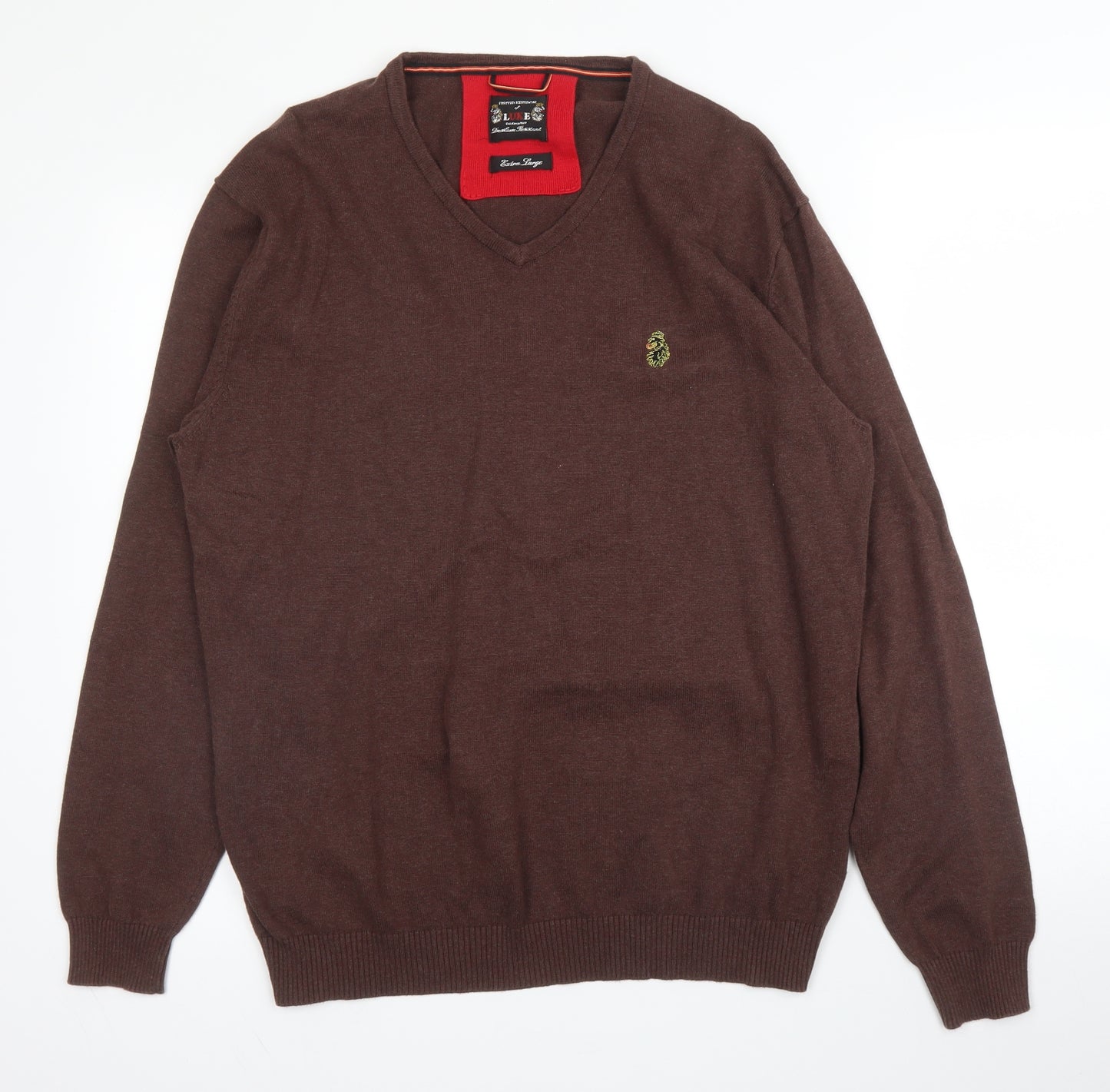 Luke Mens Brown V-Neck  Cotton Pullover Jumper Size XL