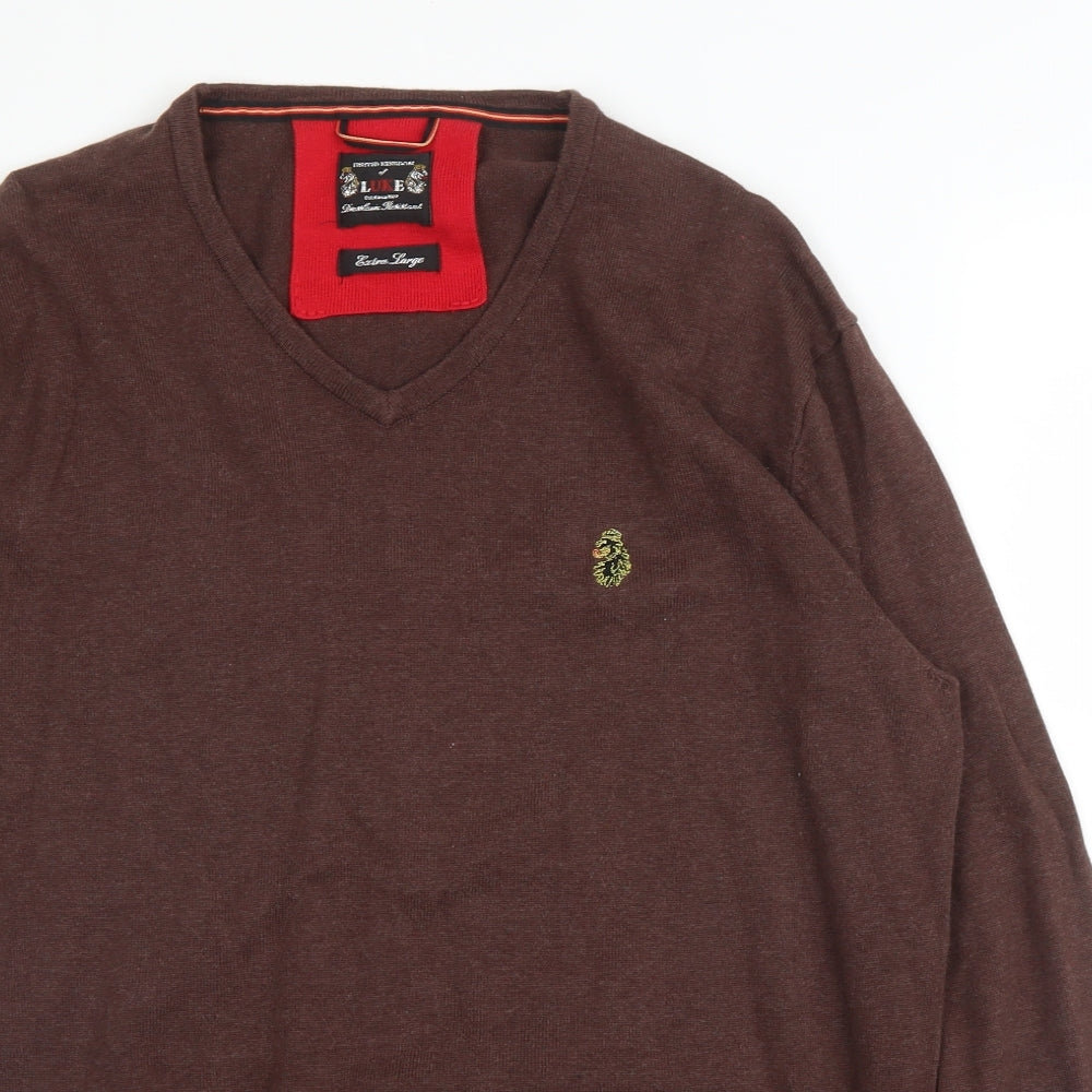 Luke Mens Brown V-Neck  Cotton Pullover Jumper Size XL