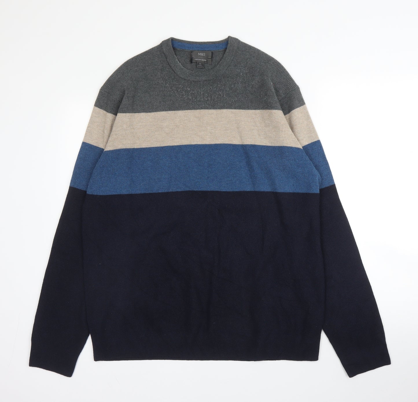 M&S Mens Blue Round Neck  Cotton Blend Pullover Jumper Size XL