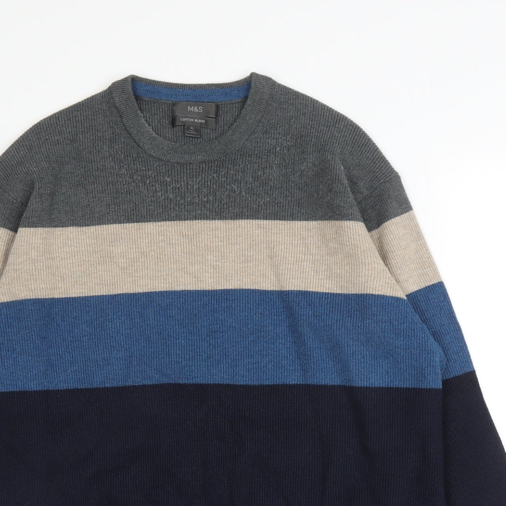 M&S Mens Blue Round Neck  Cotton Blend Pullover Jumper Size XL
