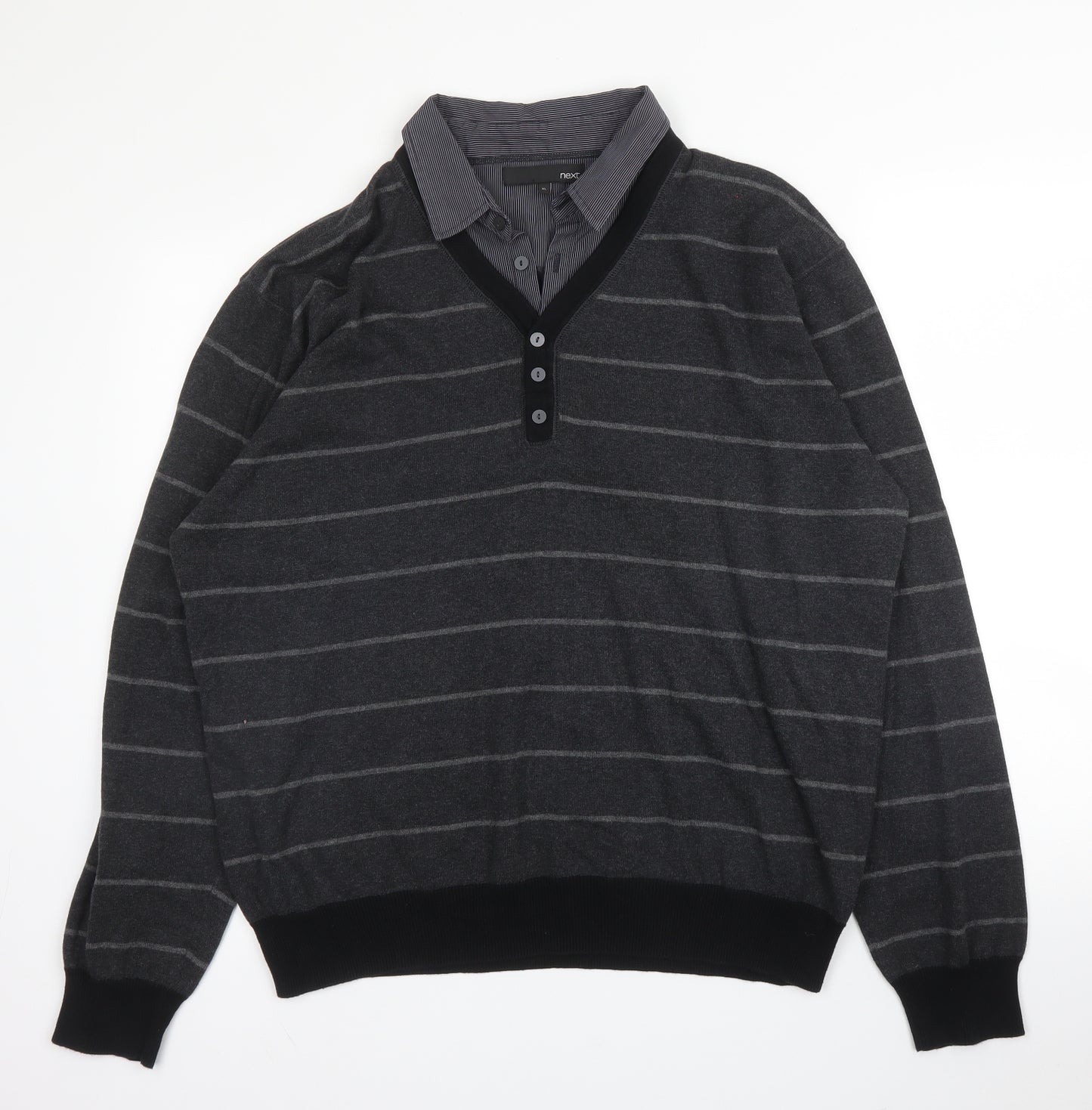 NEXT Mens Grey Collared Striped Cotton Pullover Jumper Size XL