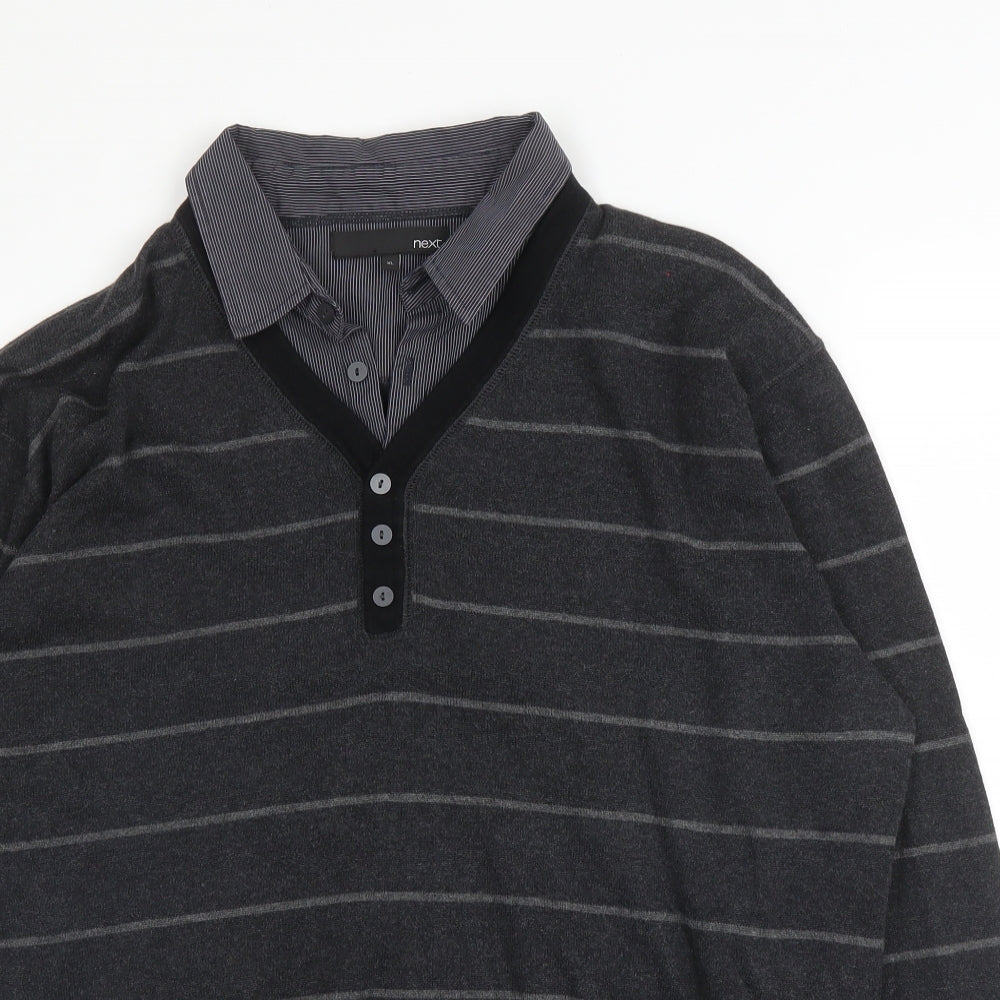 NEXT Mens Grey Collared Striped Cotton Pullover Jumper Size XL