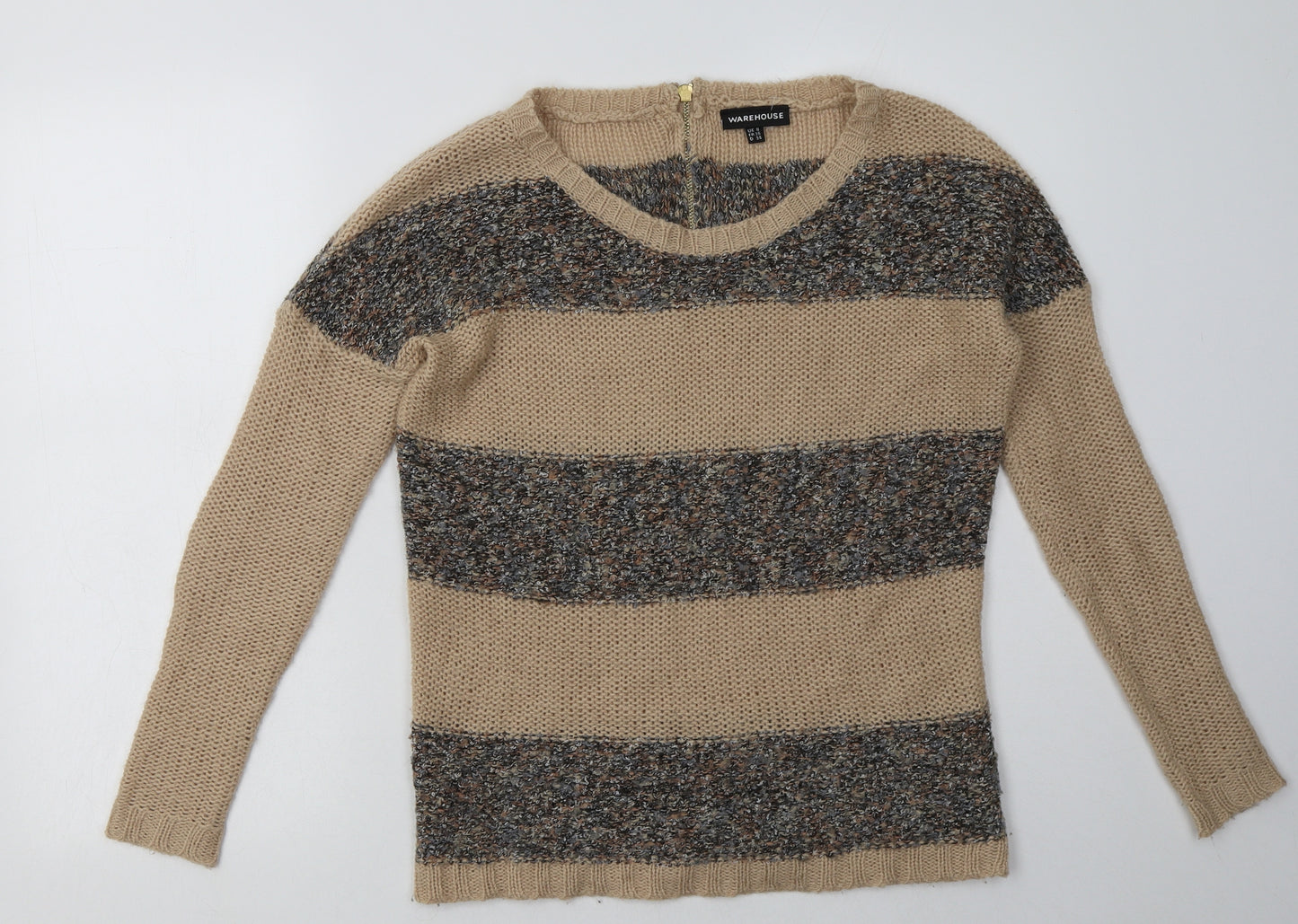 warehuse Womens Brown Striped Acrylic Pullover Sweatshirt Size 8  Zip