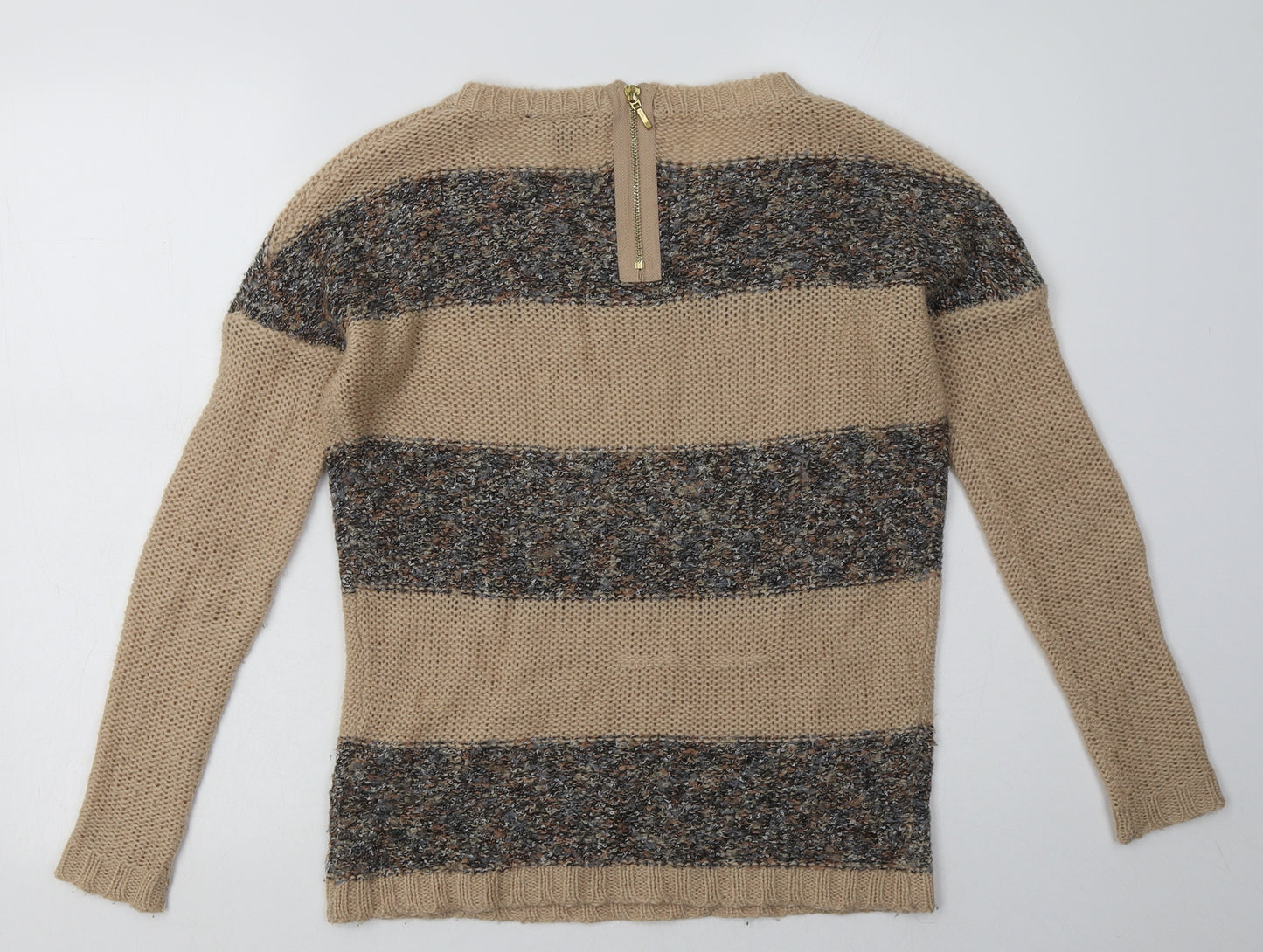 warehuse Womens Brown Striped Acrylic Pullover Sweatshirt Size 8  Zip