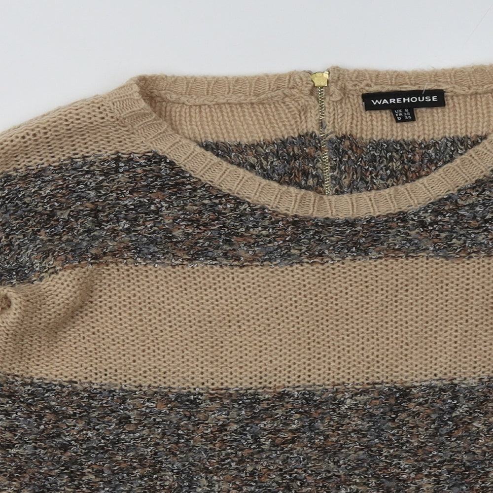 warehuse Womens Brown Striped Acrylic Pullover Sweatshirt Size 8  Zip