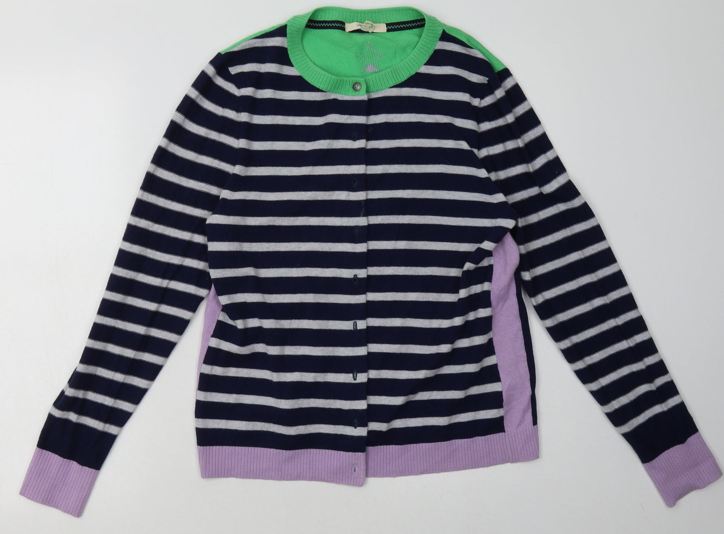 White Stuff Womens Blue Crew Neck Striped Wool Cardigan Jumper Size 14