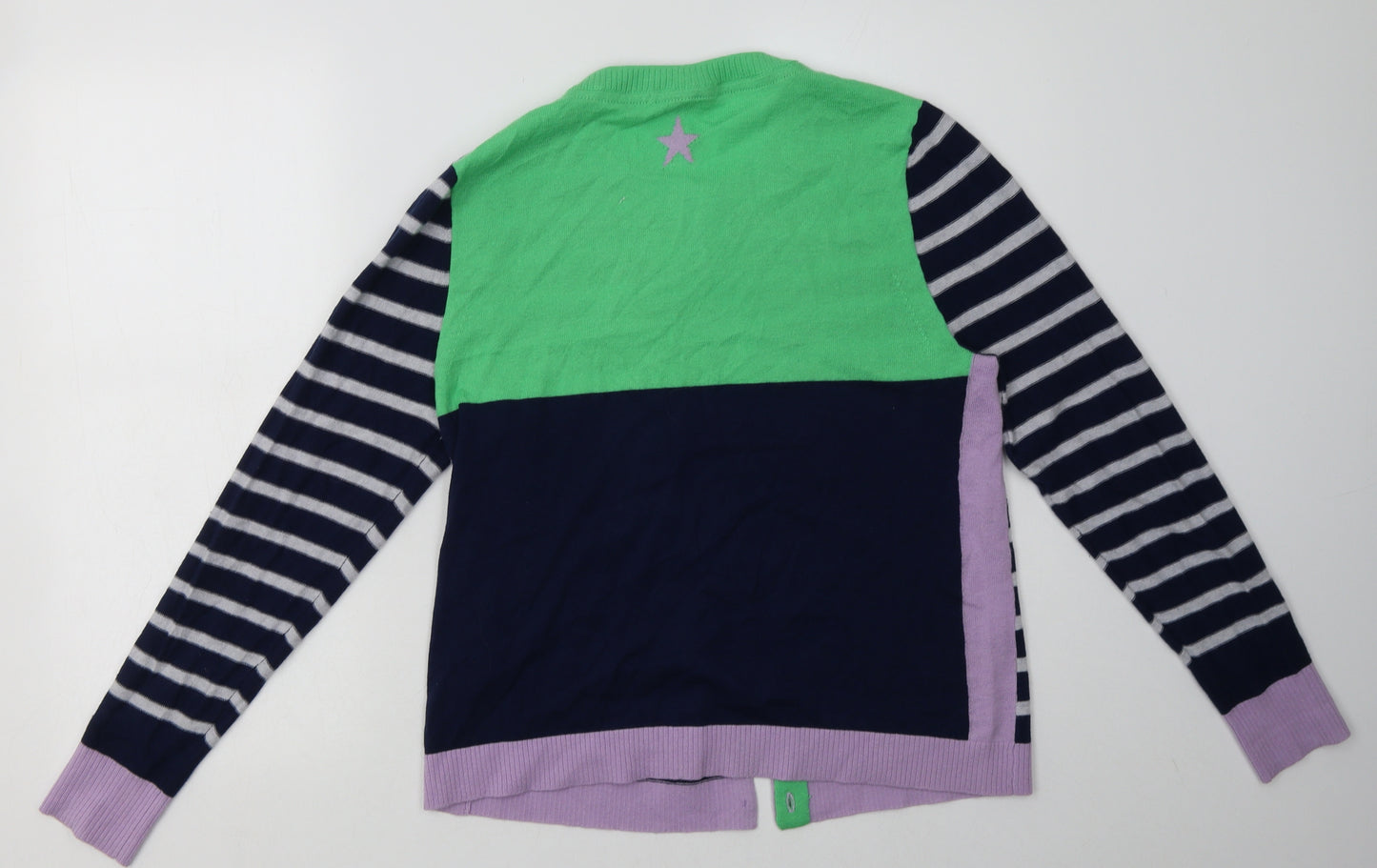 White Stuff Womens Blue Crew Neck Striped Wool Cardigan Jumper Size 14