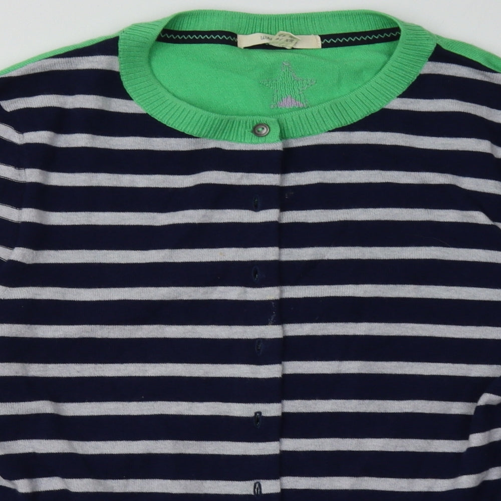 White Stuff Womens Blue Crew Neck Striped Wool Cardigan Jumper Size 14