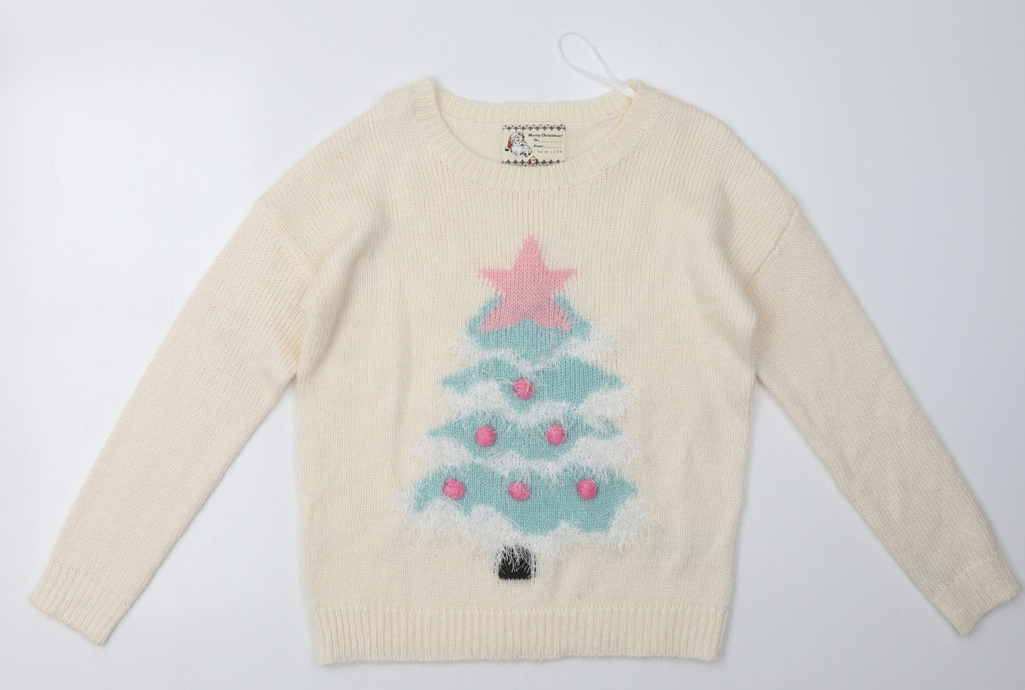 New Look Womens White  Acrylic Pullover Sweatshirt Size 10  Pullover - christmas light up tree