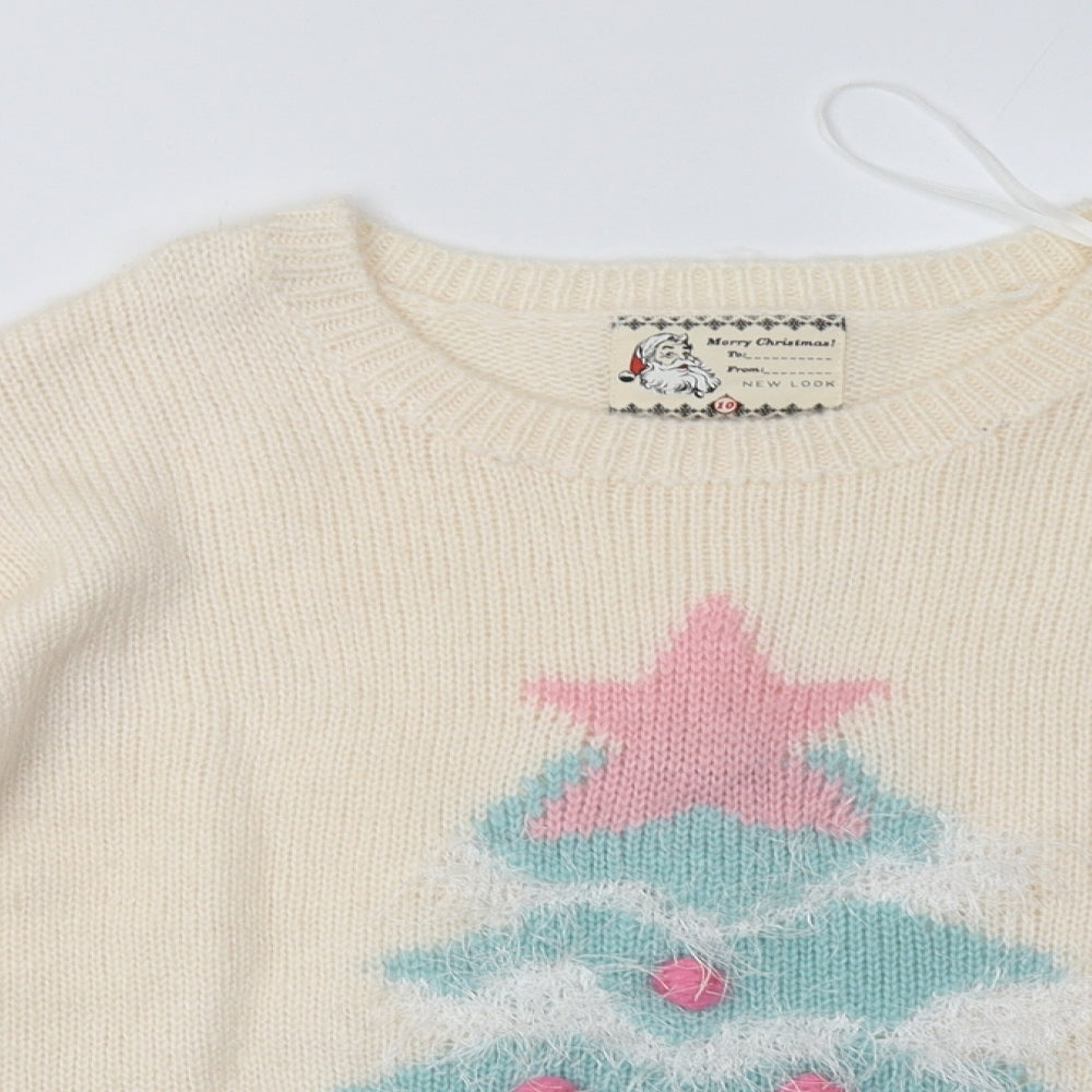 New Look Womens White  Acrylic Pullover Sweatshirt Size 10  Pullover - christmas light up tree