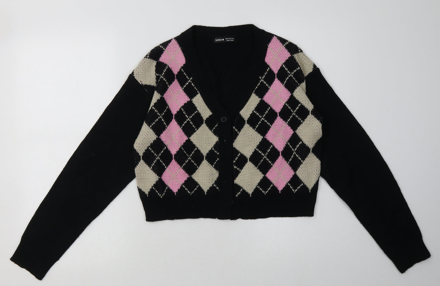 SheIn Womens Black V-Neck Geometric Acrylic Cardigan Jumper Size M