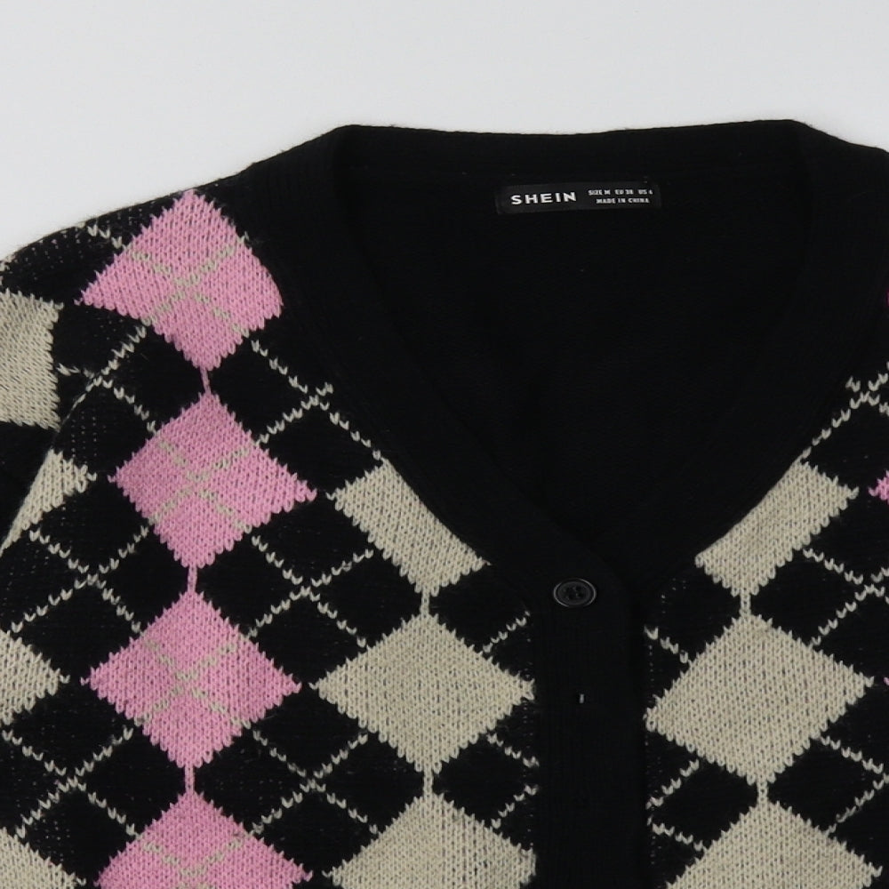 SheIn Womens Black V-Neck Geometric Acrylic Cardigan Jumper Size M