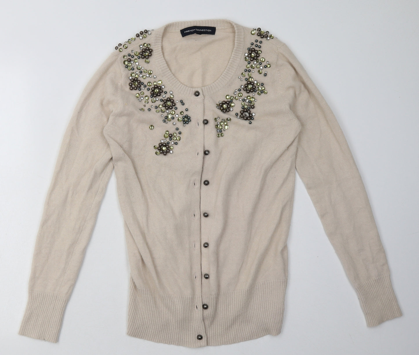 French Connection Womens Beige Crew Neck Fair Isle Angora Cardigan Jumper Size M