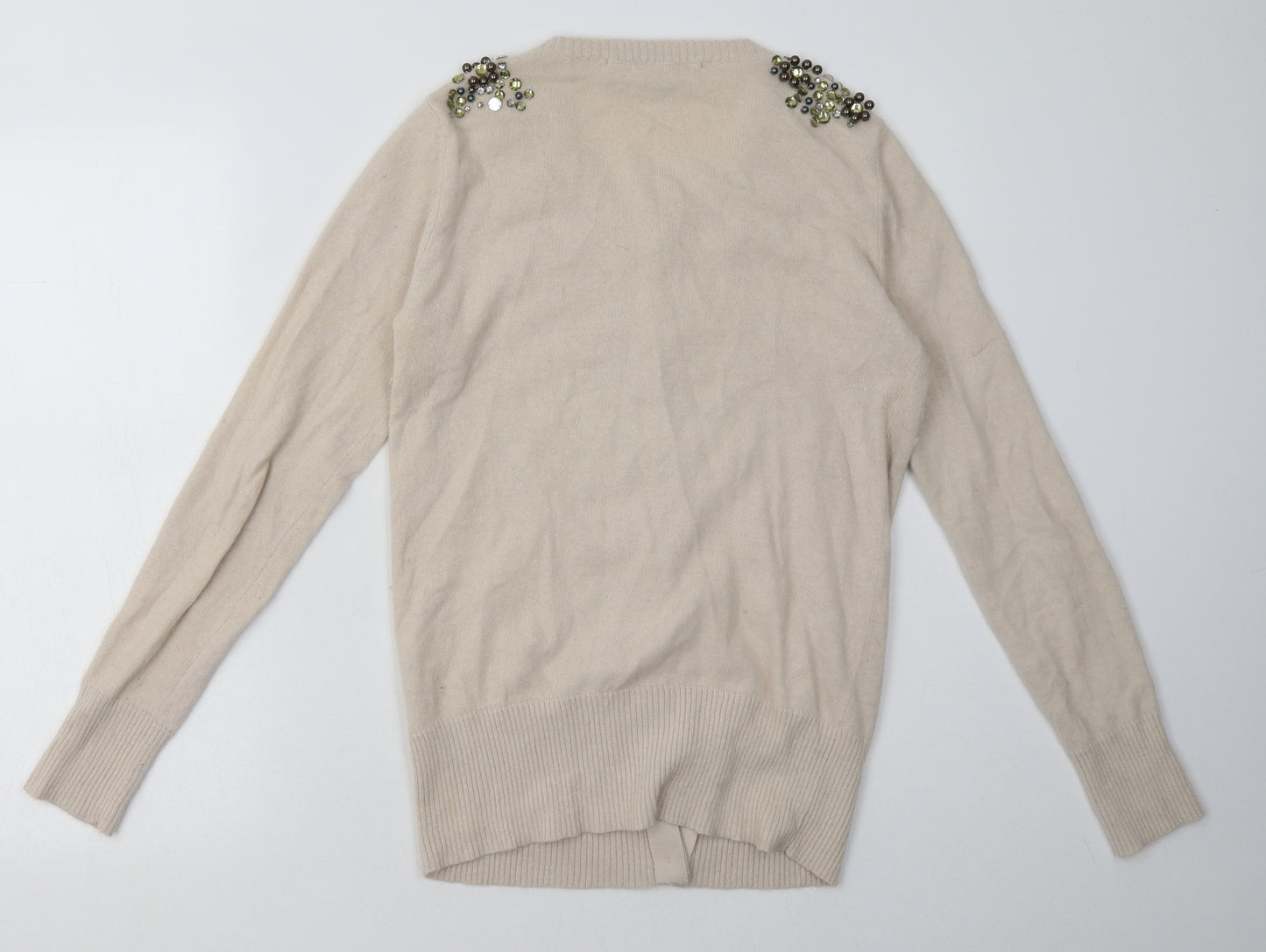 French Connection Womens Beige Crew Neck Fair Isle Angora Cardigan Jumper Size M