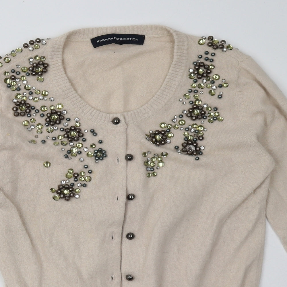 French Connection Womens Beige Crew Neck Fair Isle Angora Cardigan Jumper Size M