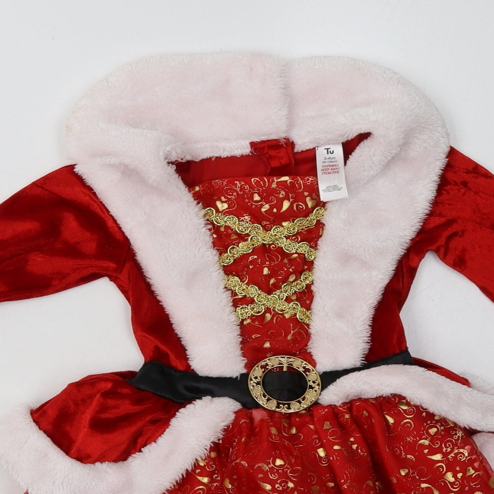 sainsburys Girls Red  Polyester A-Line  Size 3-4 Years  Square Neck Pullover - Christmas Dress