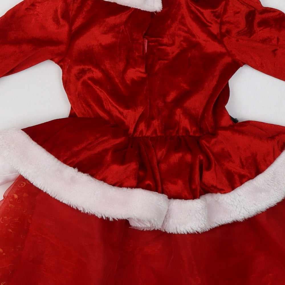 sainsburys Girls Red  Polyester A-Line  Size 3-4 Years  Square Neck Pullover - Christmas Dress