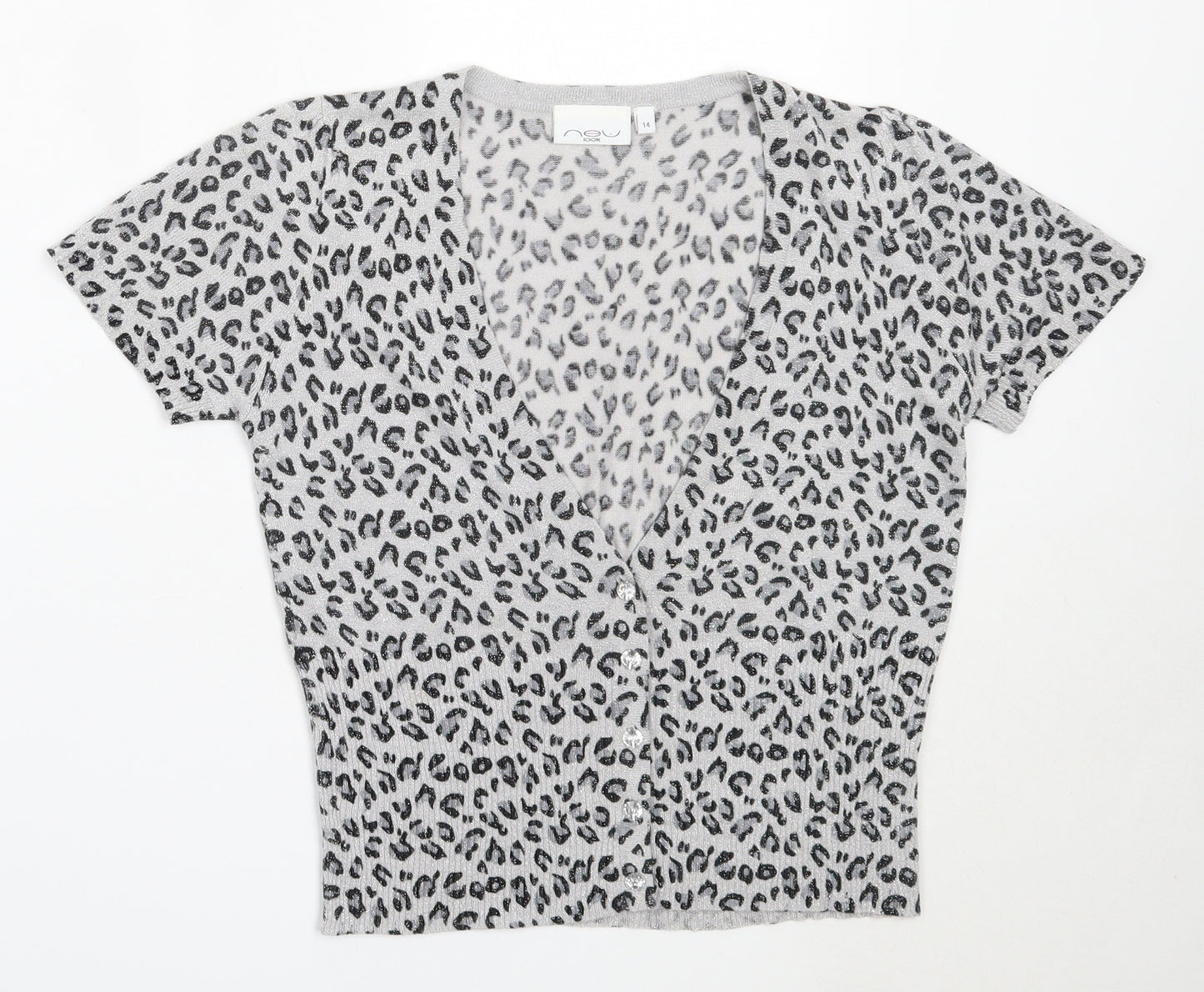 New Look Womens Grey V-Neck Animal Print Viscose Cardigan Jumper Size 14