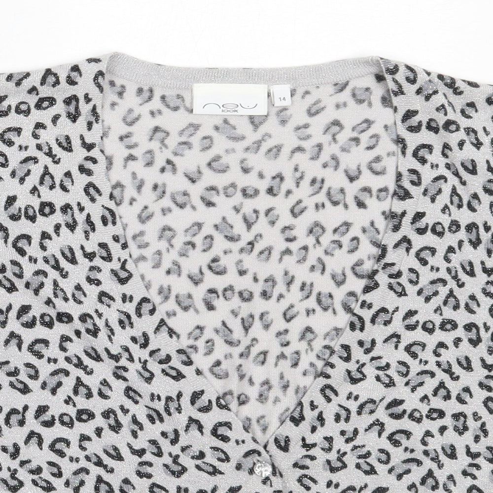 New Look Womens Grey V-Neck Animal Print Viscose Cardigan Jumper Size 14