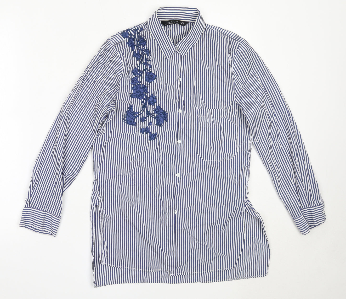 Zara Womens Blue Striped Cotton Basic Button-Up Size XS Collared
