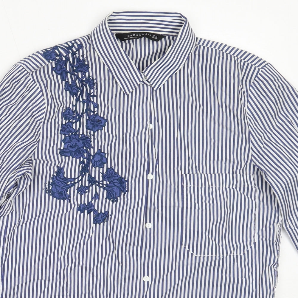 Zara Womens Blue Striped Cotton Basic Button-Up Size XS Collared
