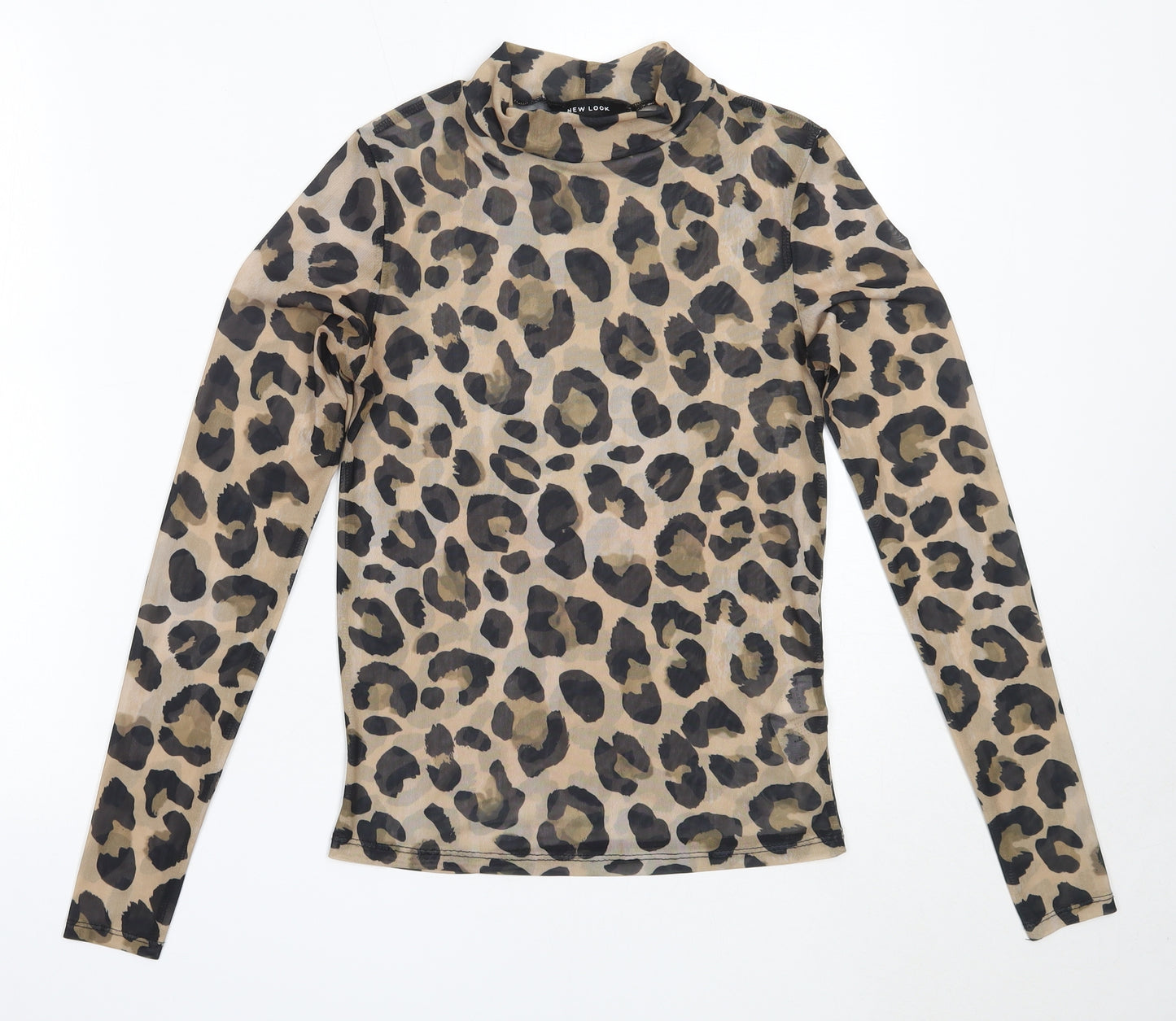 New Look Womens Beige Animal Print Polyester Basic Blouse Size 6 High Neck