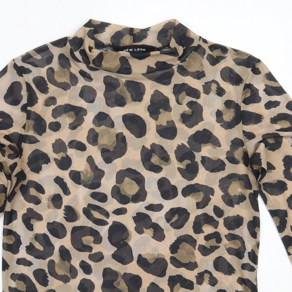 New Look Womens Beige Animal Print Polyester Basic Blouse Size 6 High Neck