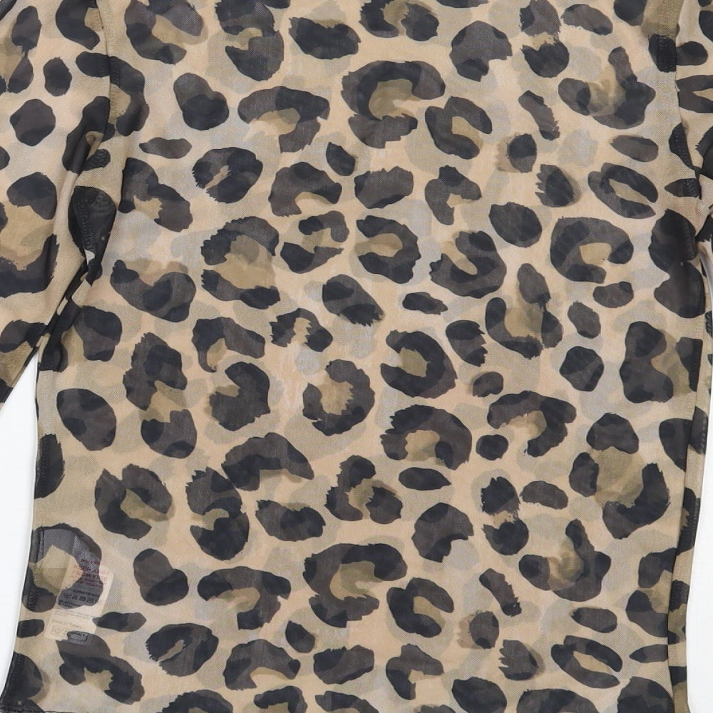 New Look Womens Beige Animal Print Polyester Basic Blouse Size 6 High Neck