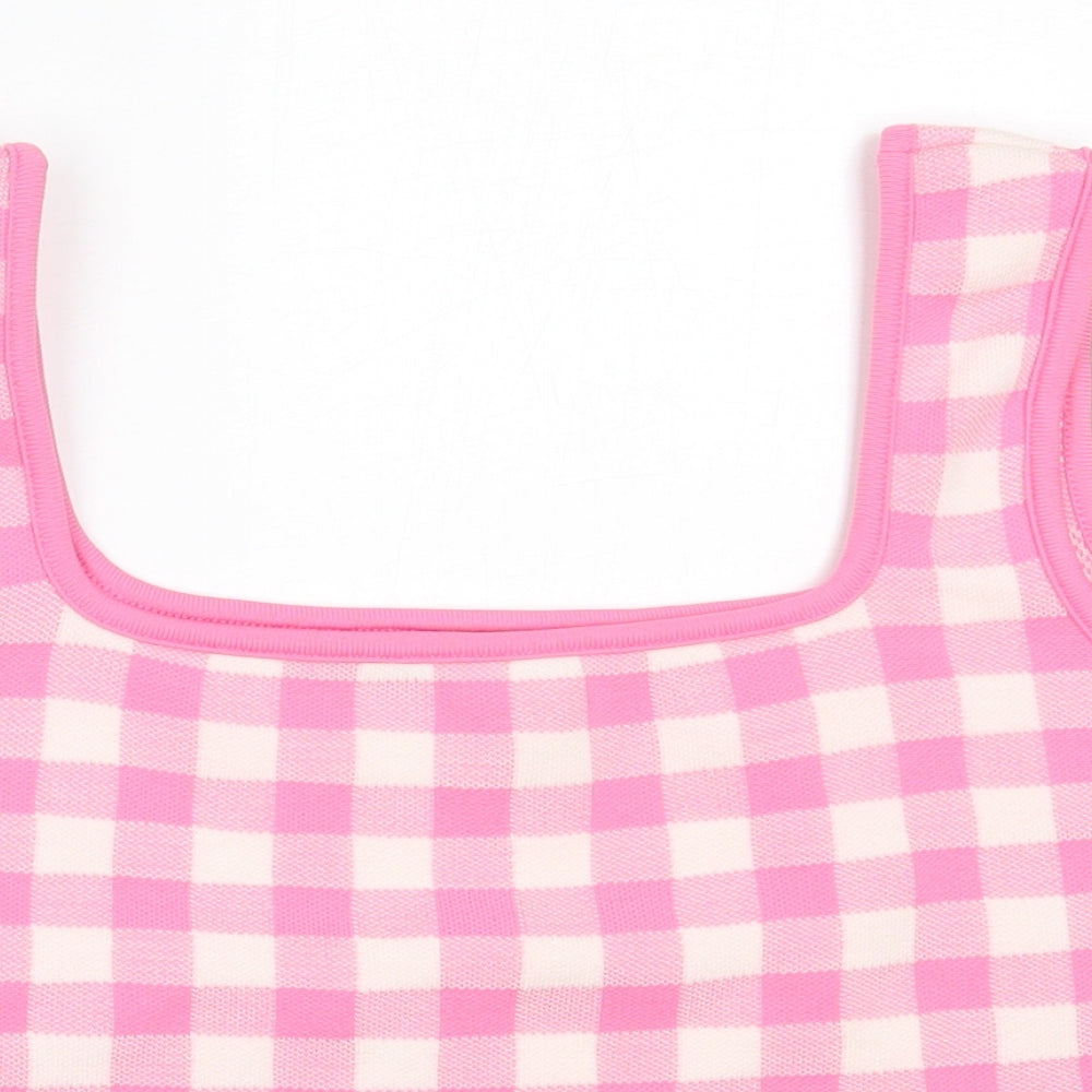 Primark Womens Pink Check Acrylic Basic Blouse Size XL Round Neck