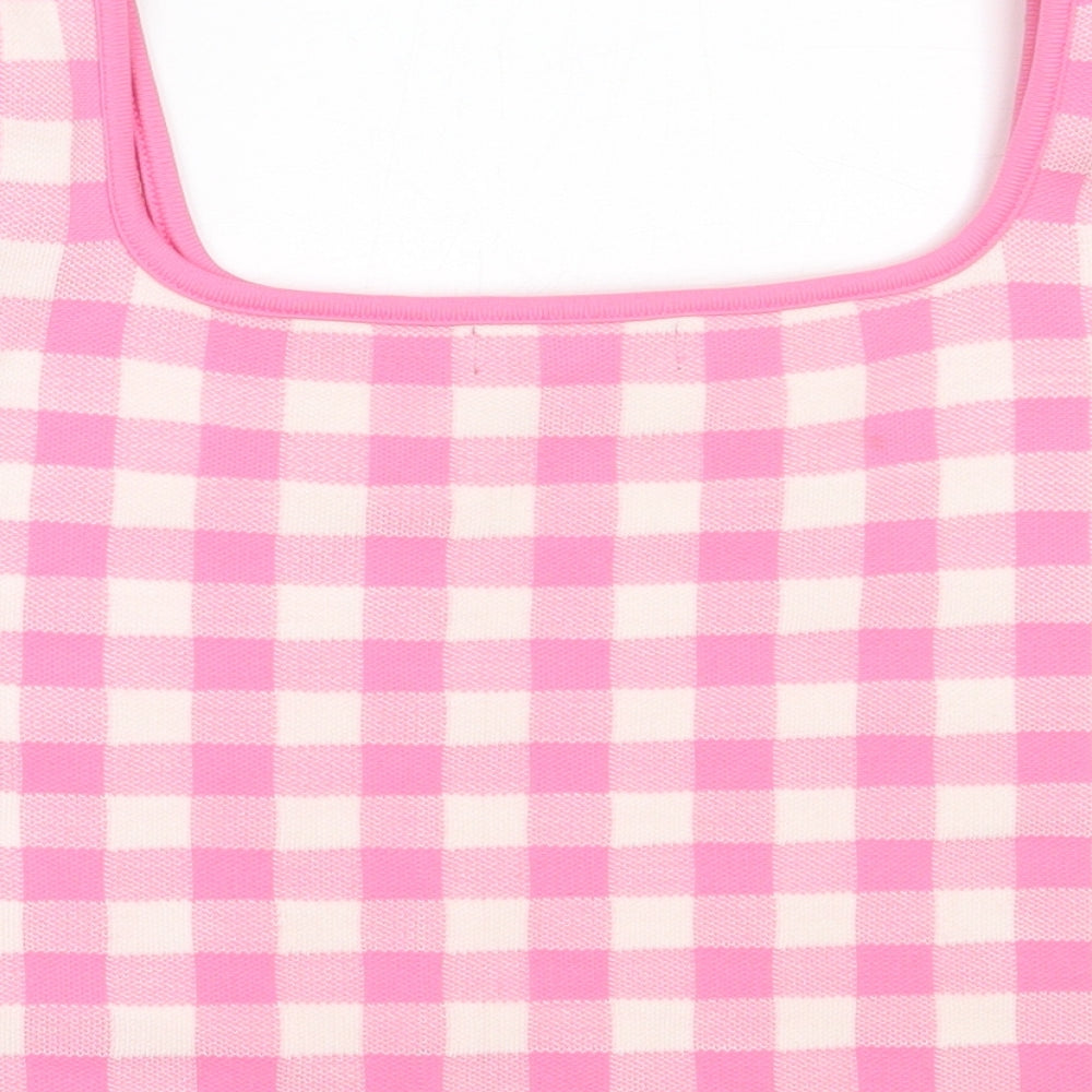 Primark Womens Pink Check Acrylic Basic Blouse Size XL Round Neck