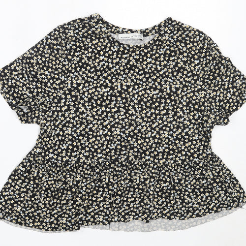 Pull&Bear Womens Black Floral Cotton Basic T-Shirt Size S Round Neck