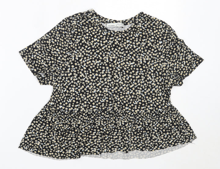 Pull&Bear Womens Black Floral Cotton Basic T-Shirt Size S Round Neck