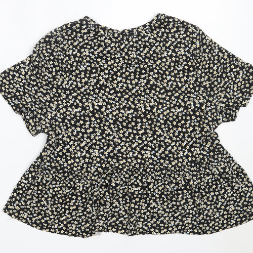 Pull&Bear Womens Black Floral Cotton Basic T-Shirt Size S Round Neck
