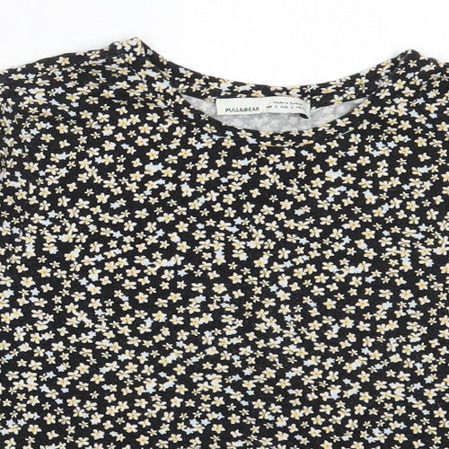 Pull&Bear Womens Black Floral Cotton Basic T-Shirt Size S Round Neck