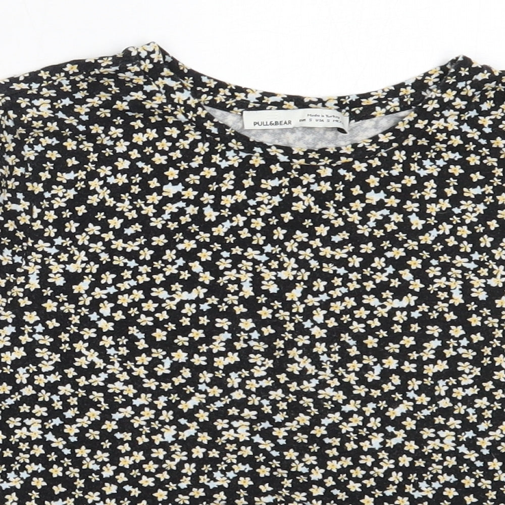 Pull&Bear Womens Black Floral Cotton Basic T-Shirt Size S Round Neck