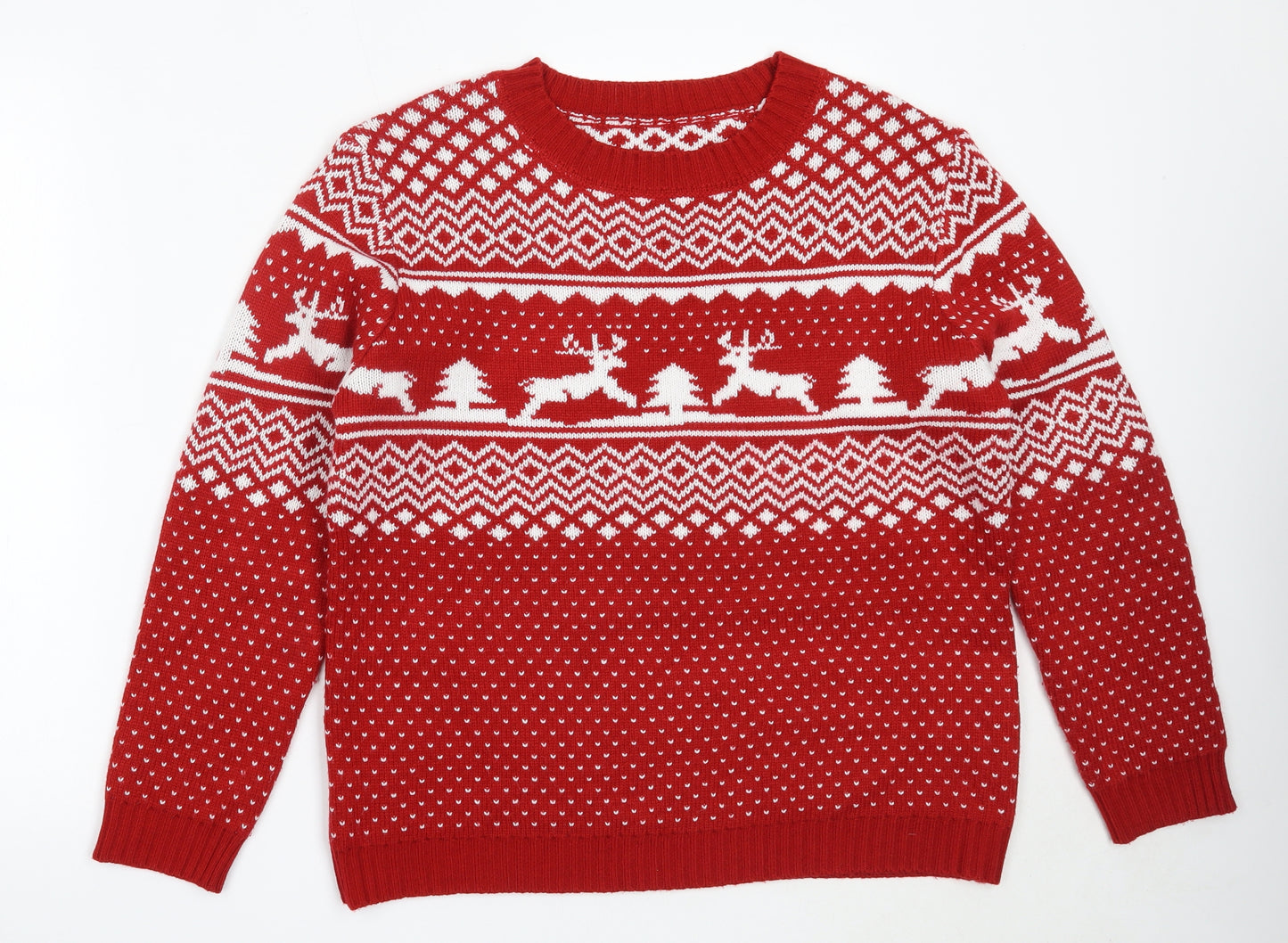 SheIn Womens Red Round Neck Fair Isle Acrylic Pullover Jumper Size L