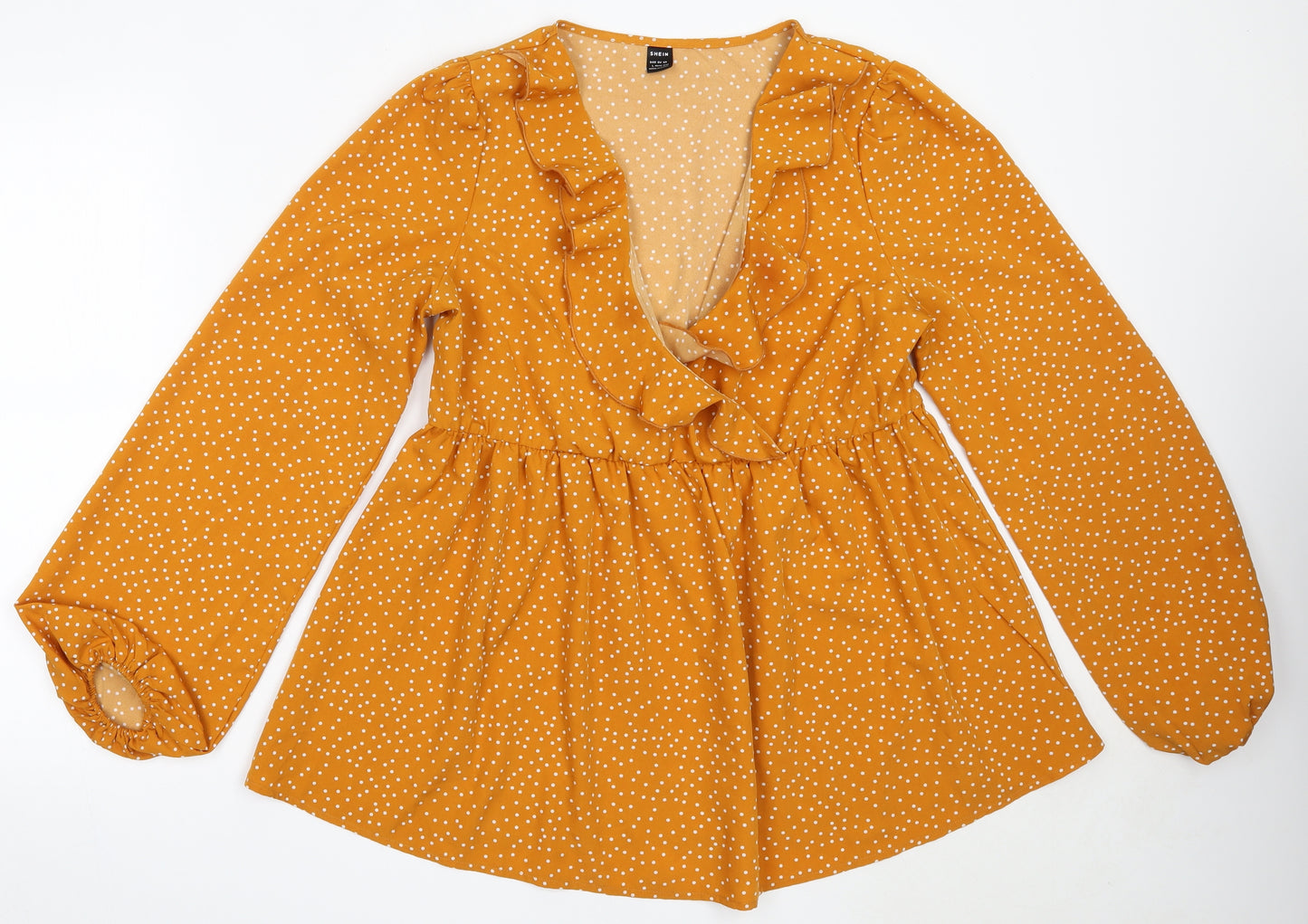 SheIn Womens Yellow Polka Dot Polyester Basic Blouse Size L V-Neck