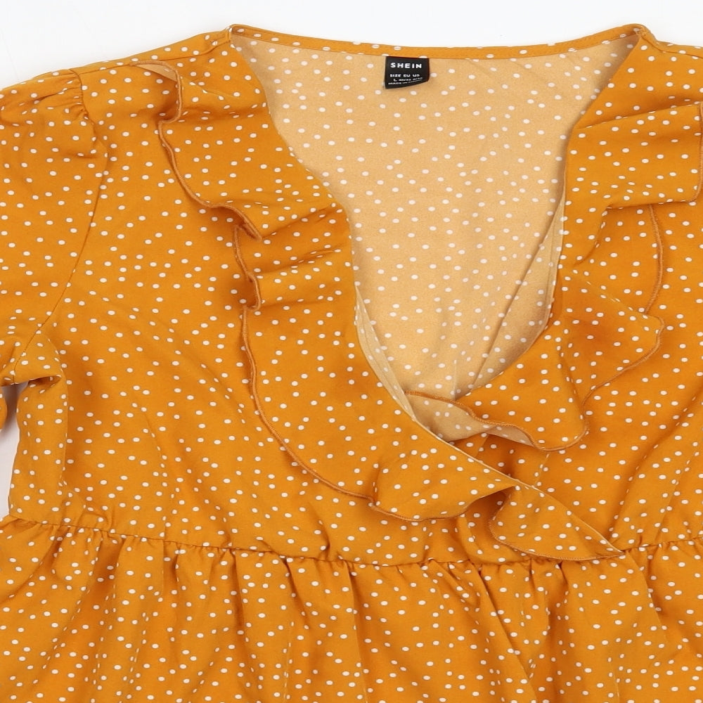 SheIn Womens Yellow Polka Dot Polyester Basic Blouse Size L V-Neck