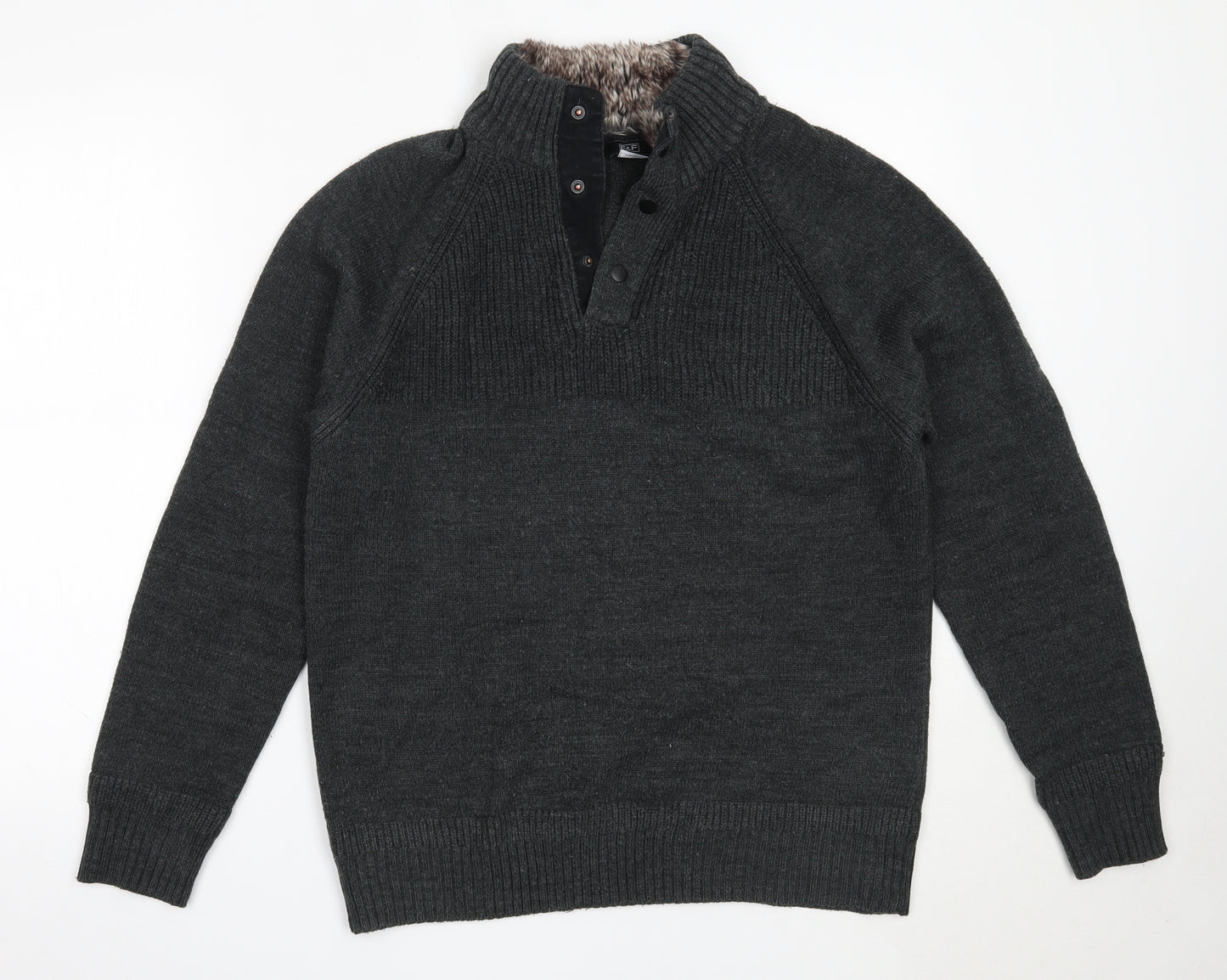 F&F Mens Grey High Neck  Acrylic Henley Jumper Size M